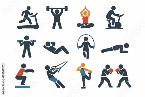 Fitness and Gym Exercise Icon Set Featuring Vector Illustrations of People Working Out, Running, Weightlifting, Yoga, Cycling, Boxing, and Stretching for Healthy Lifestyle and Sports Design