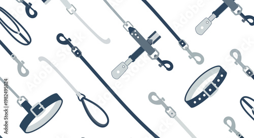 Set of pet accessories including dog leashes and collars.