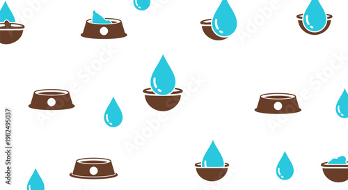 Seamless pattern with brown pet bowls and blue water drops.