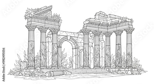 Ancient classical temple ruins line art vector illustration. Crumbling historical architectural monument drawing.