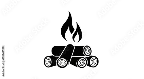 Simple black campfire icon with burning logs and flickering flames. Isolated vector illustration for outdoor adventures and warming ambiance.