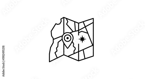 Vector line icon of a folded map with a location pin marker and star symbol, representing navigation, travel, destination, and exploration.