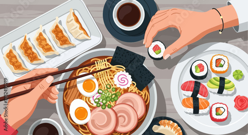 Top View Japanese Food Illustration with Ramen Bowl, Sushi Platter, Gyoza, and Hands holding Chopsticks Flat Vector Design
