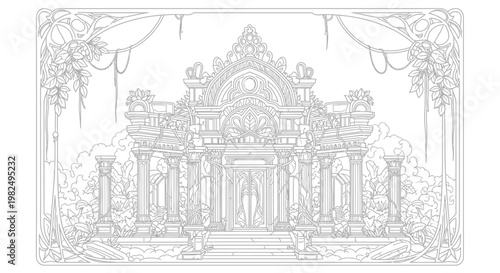 Intricate Line Art of Ancient Ruined Temple Gate with Overgrown Jungle Vines, Detailed Fantasy Architecture Drawing, Historical Illustration