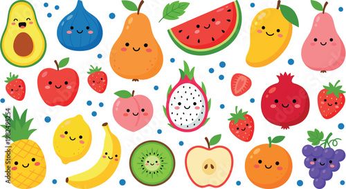 Cute Cartoon Fruit Characters Collection with Smiling Faces Including Avocado, Watermelon, Banana, Apple, and Berries in Playful Kawaii Style Illustration