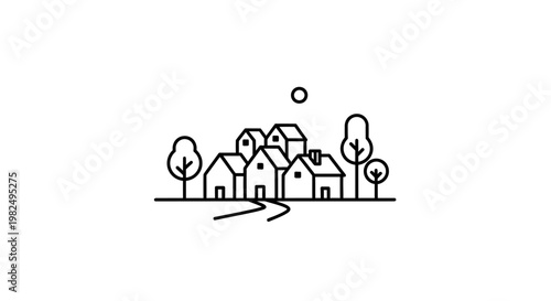 Minimalist Line Art Village Illustration with Houses, Trees, Sun, and Path. Simple Community Townscape Icon Design.