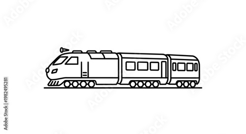 Modern passenger train line art icon. Black and white vector outline illustration of a high-speed railway locomotive on tracks. Transport graphic.