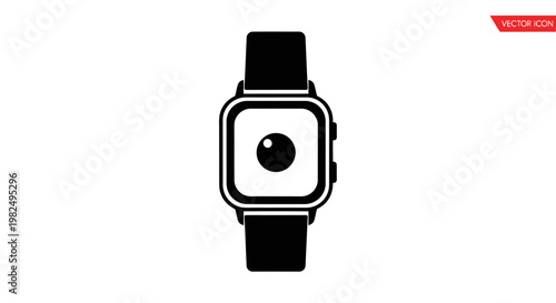 Black and white smartwatch vector icon, modern digital wearable technology device with square screen and central circular element