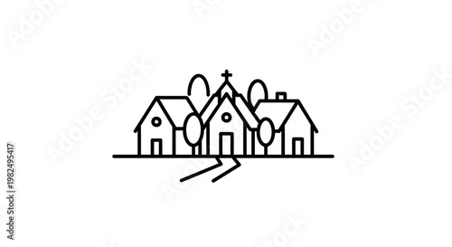 Simple line art village illustration with houses, church, and trees, representing community, neighborhood, and real estate concept