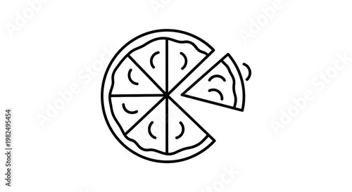 Simple outline pizza icon with one slice removed. Black and white vector illustration representing food, sharing, portions, or delivery.