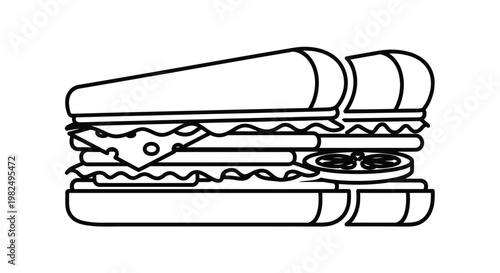 Simple line art illustration of a submarine sandwich cut in half, showing layers of fresh ingredients like cheese, lettuce, and tomato. Delicious classic food icon.