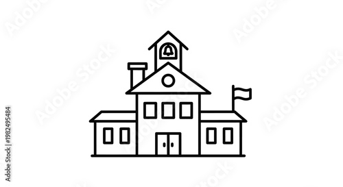 Minimalist line art icon of a school building with a bell tower, flagpole, and multiple windows. Education institution symbol.
