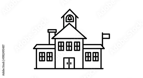Traditional school building icon with bell tower and flag, black and white line art illustration for education and learning concept