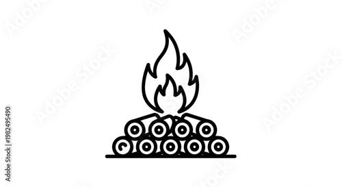 Simple line art campfire icon with burning logs and dancing flames, perfect for outdoor, nature, warmth, and adventure themes.