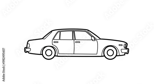 Retro Sedan Car Line Art Side View Illustration. Classic Vintage Automobile Outline Drawing for Icon or Graphic Design