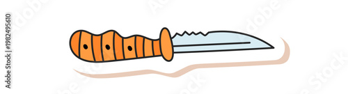 Colorful camp knife sticker in sketch doodle style. Hiking equipment and adventure icon for outdoor travel. Camp and travel theme, bright color visual, sticker patch for gear.