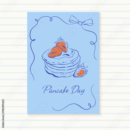 Cute coquette pancake breakfast card in blue set. Hand drawn pancakes as gourmet brunch plate with strawberry fruit. Doodle line art set works as banner, menu print or icon for mediterranean cafe