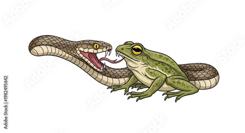 Snake attacking a frog in a moment of danger.