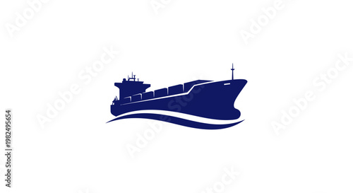 Blue Cargo Ship Silhouette Sailing on Waves, Shipping and Logistics Concept