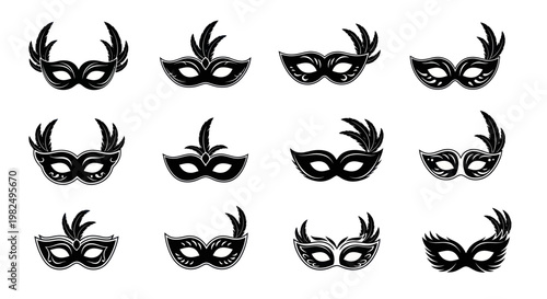 Collection of Black Masquerade Masks with Feathers on White Background