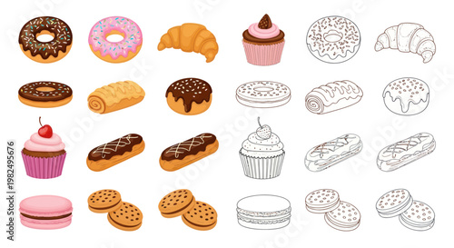 Assorted Baked Goods: Donuts, Croissants, Cupcakes, Eclairs, Macarons, Cookies