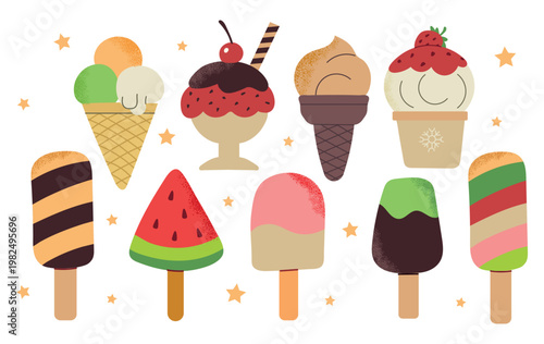 Ice cream set with various scoops, cones and popsicles in flat hand-drawn style. Vector collection of sweet frozen desserts like watermelon ice, chocolate sundae and fruit gelato with grunge texture f