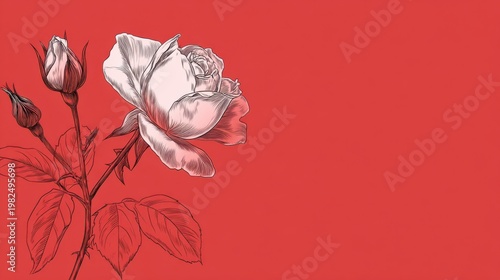 Elegant Single Rose with Buds on Vibrant Red Background