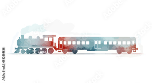 Vintage Steam Train Illustration with Watercolor Effect