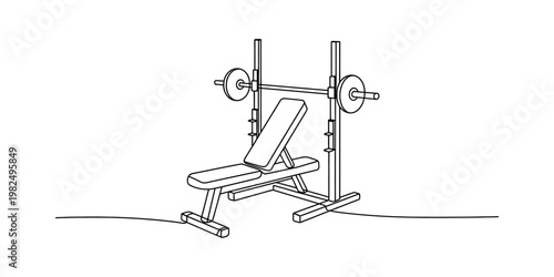 A simple continuous line drawing of a weight bench with a barbell loaded with plates for exercise Vector, illustration