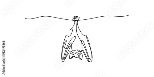 A minimalist single line drawing of a bat hanging upside down from a thin branch in black ink Vector, illustration