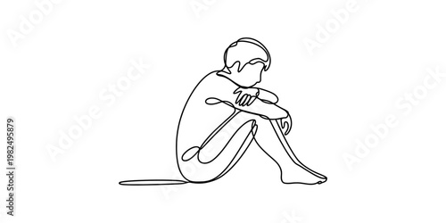 A single continuous line drawing of a person sitting alone looking sad and feeling very depressed Vector, illustration