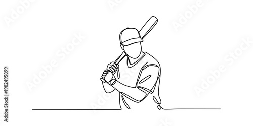 Continuous line drawing of a baseball player wearing a cap and holding a bat in a ready stance Vector, illustration