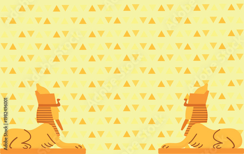 Ancient Egyptian banner with two sphinxes and geometric pyramid background. Vector flat illustration of pharaoh sculptures for travel agency promotion, history education, and ethnic themed design. Iso