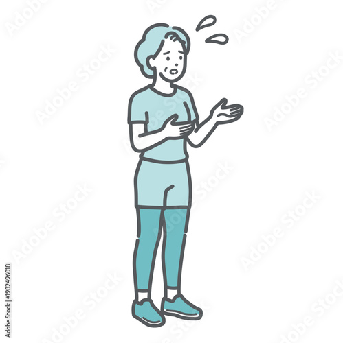 困った表情で身振りを交えて相談をするスポーツウェア姿のシニア女性のイラスト