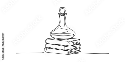 A single continuous line drawing of a glass decanter resting on top of a small stack of books Vector, illustration