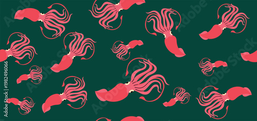 Pink squid seamless pattern in flat hand-drawn style. Vector background with giant squid or calamari for seafood restaurant menu, organic market packaging, marine life wallpaper and ocean themed texti