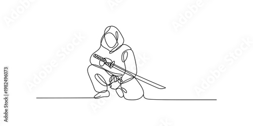 Minimalist continuous line drawing of a hooded ninja crouching with a traditional katana sword. Vector, illustration