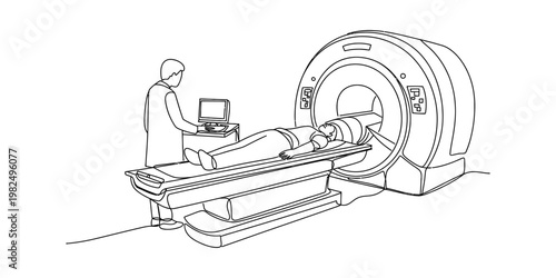 A line drawing of a patient undergoing a medical scan inside a magnetic resonance imaging machine Vector, illustration