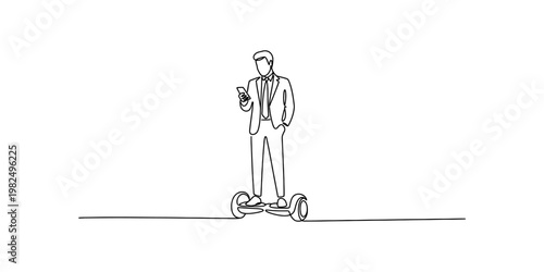 A continuous line drawing of a businessman in a suit standing on a hoverboard looking at a phone Vector, illustration