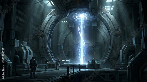 Dynamic blue energy beam crackles at the core of a sophisticated futuristic research facility, where scientists monitor a powerful, groundbreaking technological experiment