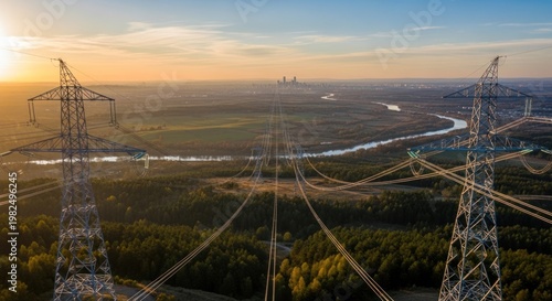 High-voltage electricity transmission towers power lines stretching across vast natural landscape toward modern city skyline, for industrial progress energy distribution