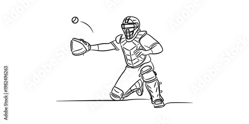 A black and white line drawing of a baseball catcher reaching out to catch a flying baseball ball Vector, illustration
