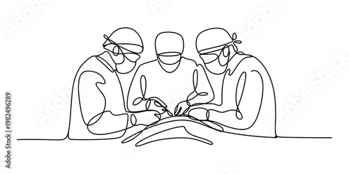 Continuous line drawing of a team of three surgeons performing a medical operation in a hospital Vector, illustration