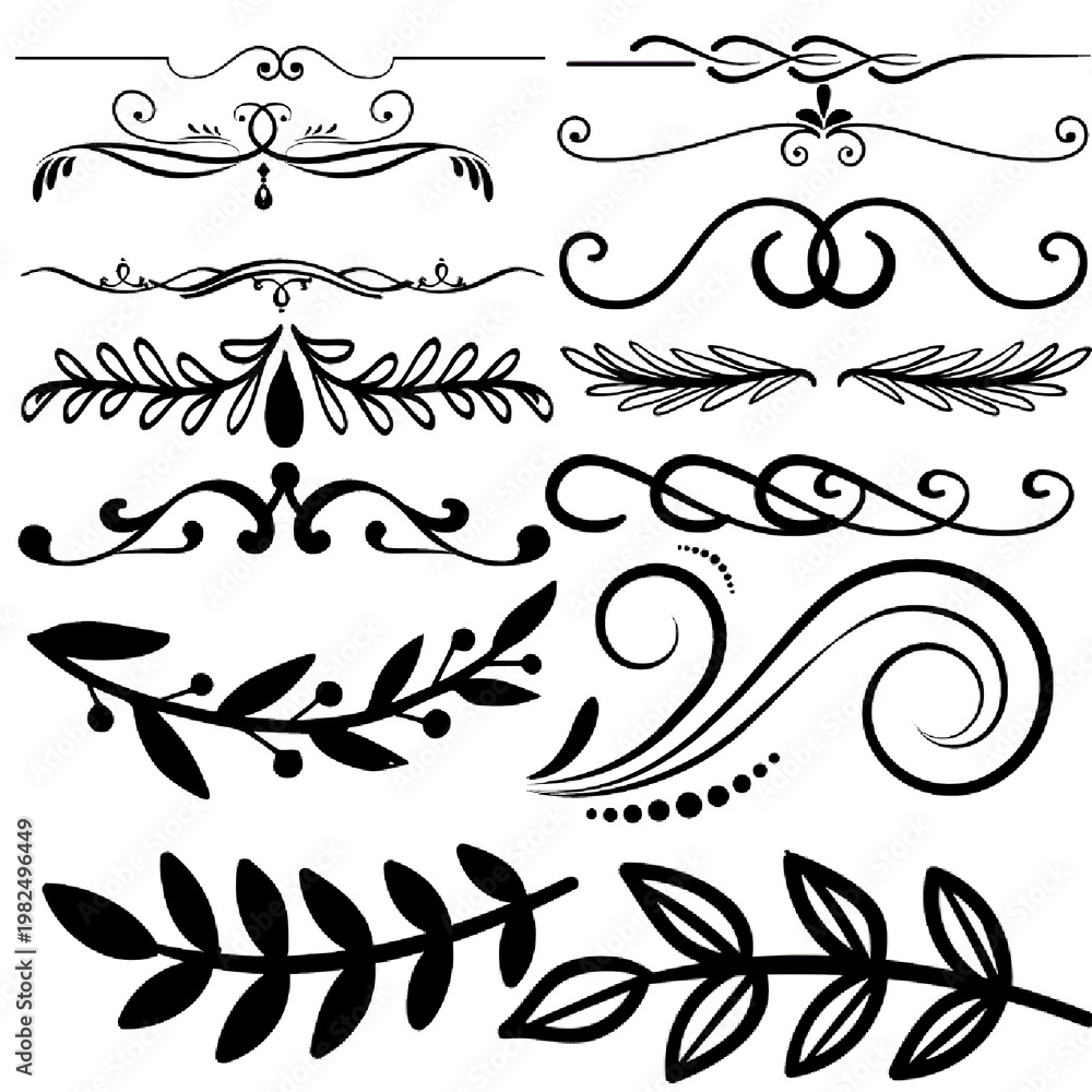 Fototapeta premium Hand-Drawn Elegant Flourish Dividers and Floral Ornament Vector Set.