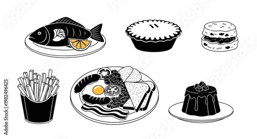 Collection of Hand Drawn Food Items and Desserts.