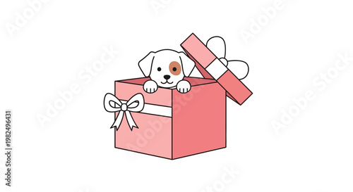 Cute puppy dog sitting inside a pink gift box with a bow.