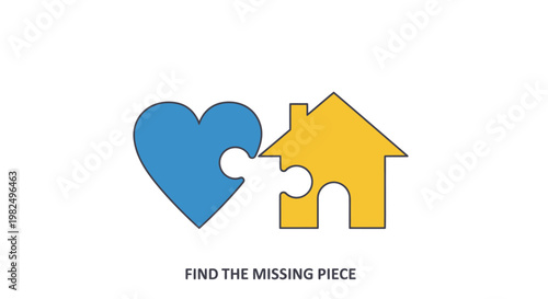Blue heart and yellow house puzzle pieces representing home love concept.