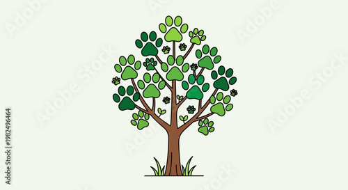 Illustration of a tree with green paw prints instead of leaves.