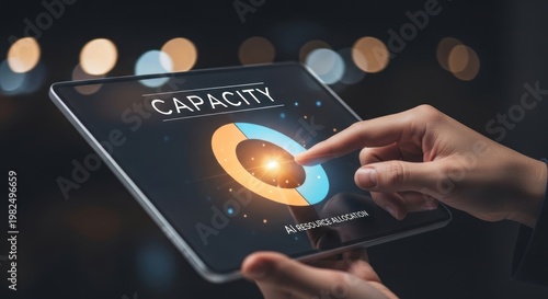 Person using digital tablet to manage ai resource allocation capacity levels, for corporate efficiency, digital transformation, strategic planning for modern business success