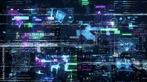 Futuristic abstract digital interface showcasing complex holographic data streams, intricate code patterns, and dynamic glitch effects, representing advanced technology and virtual reality